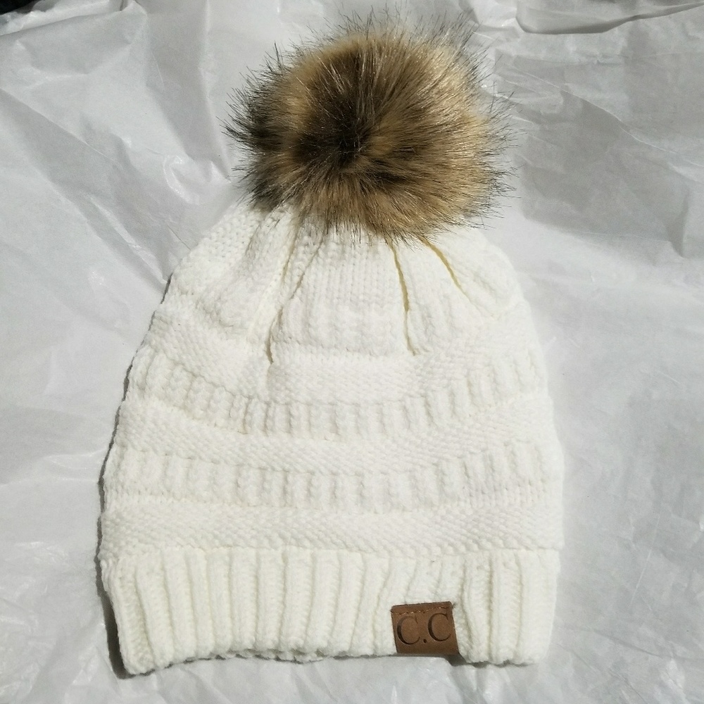 White C.C Beanie Adult Size Beanie with Pom Pom